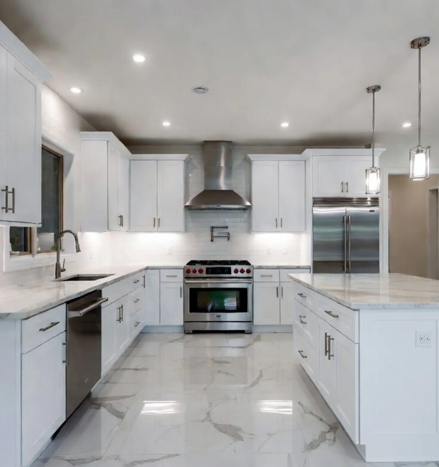 White shaker kitchen with large island