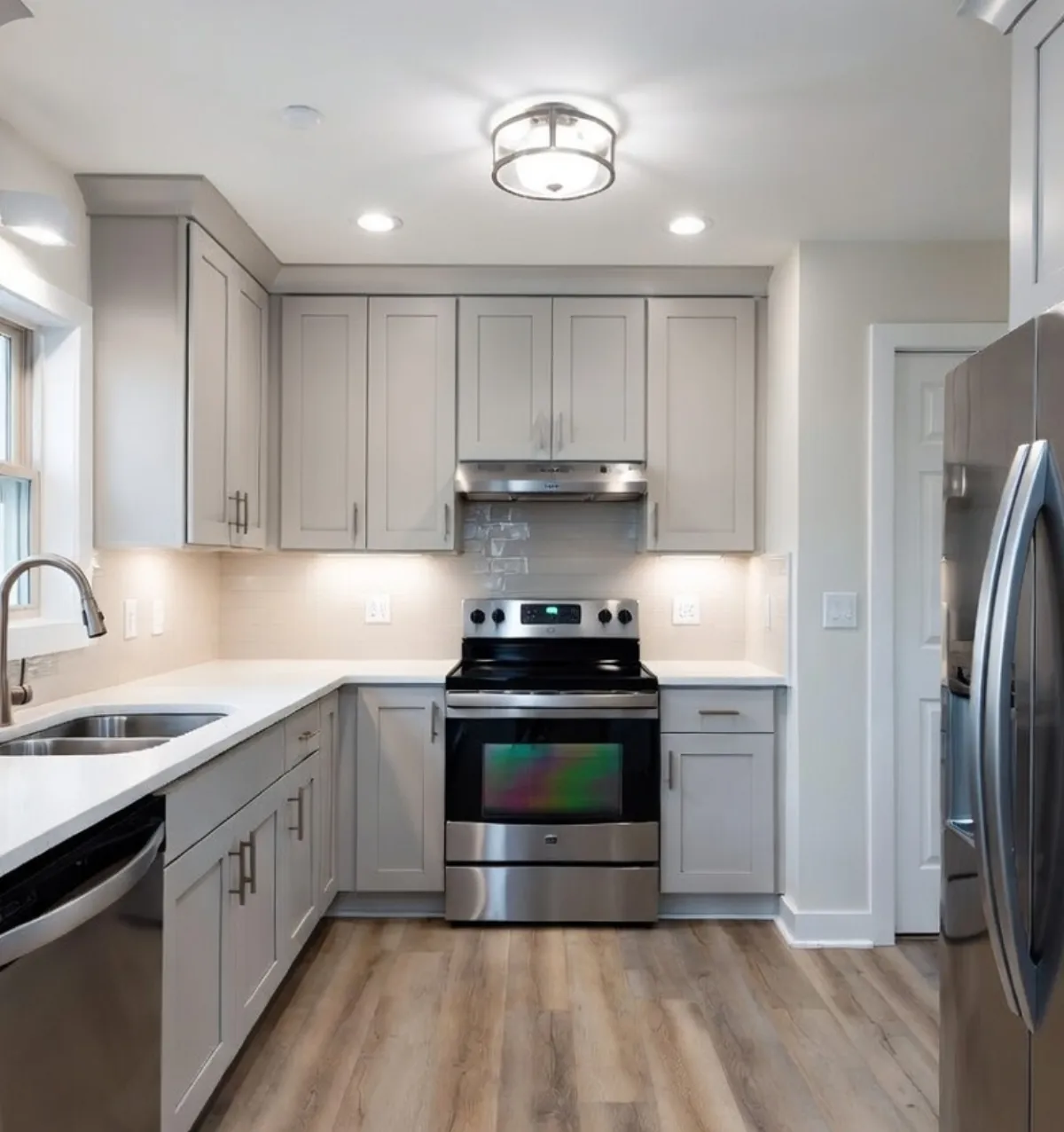 White kitchen with stainless appliances